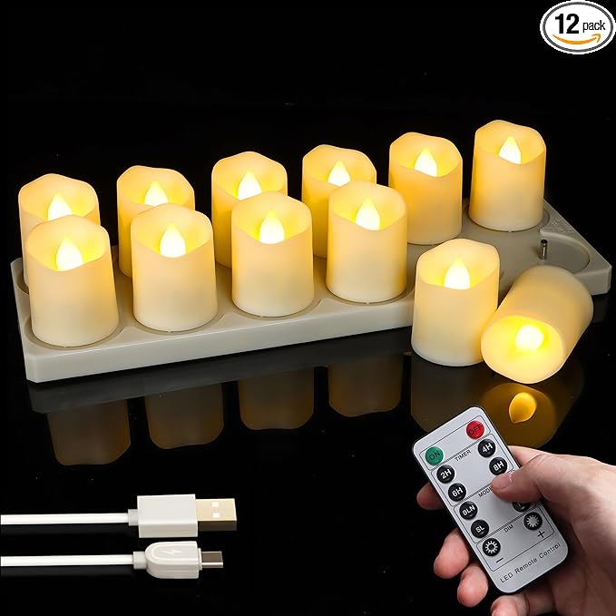 12pcs LED Rechargeable Tea Lights with Remote Timer and USB Charging Base, Flameless Votive Candles Flickering Warm White Electric Fake Tealights