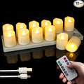 12pcs LED Rechargeable Tea Lights with Remote Timer and USB Charging Base, Flameless Votive Candles Flickering Warm White Electric Fake Tealights