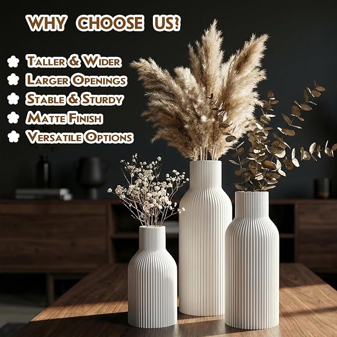 White Ceramic Vases Set of 3 - Modern Matte Ribbed Vases for Pampas Grass & Dried Flowers - Minimalist Decorative Centerpieces for Living Room, Shelf, Entryway & Wedding