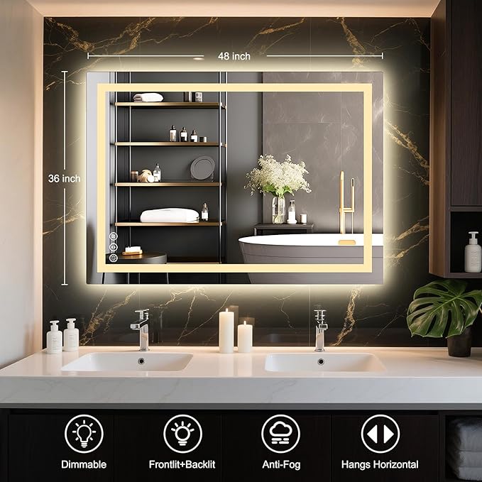 48x36 LED Bathroom Mirror with Lights, Anti Fog Vanity Mirror Wall Mounted, Dimmable Front Light and Backlight, Memory Function Tempered Glass, Shatter Proof ETL Listed