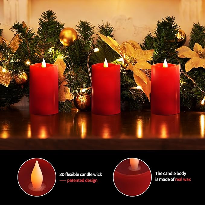 3x5 Flickering Flameless Candles Set of 3, 2AA Battery Life 600 Hours Battery Candles Flickering with Timer,5 inch Flameless Candles with Remote for Indoor/Outdoor, Red