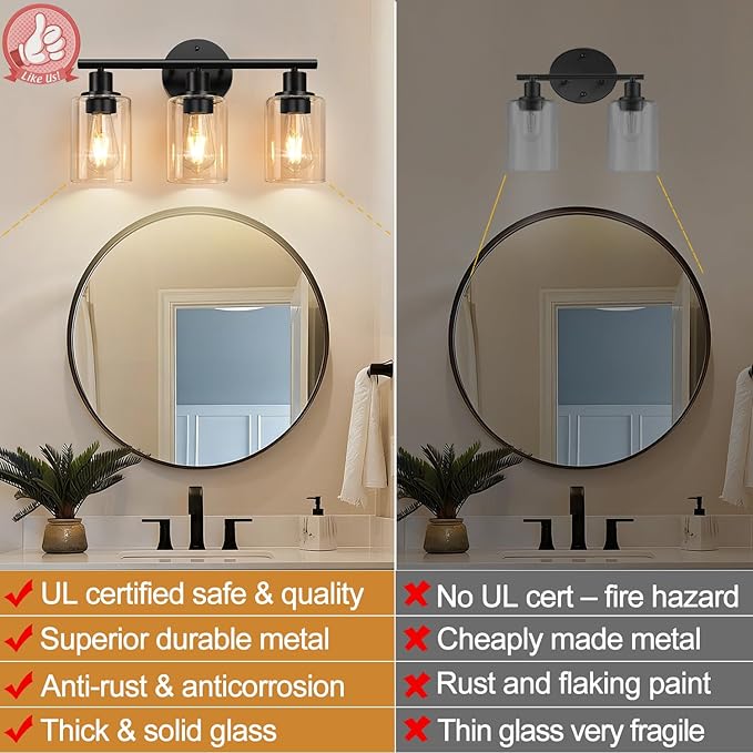 3-Light Bathroom Light Fixtures, Black Modern Vanity Lights with Amber Glass Shades, Bathroom Wall Lamp for Mirror Kitchen Living Room Hallway Cabinet Porch