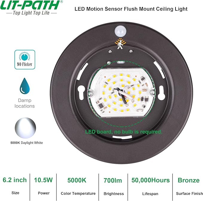 LIT-PaTH LED Flush Mount Ceiling Light, Closet Lighting Fixture with Motion Sensor, 10.5W, 700 Lumen, 6.2 Inch, Anti-Rust Galvanized Housing, Bronze Finish 5000K 4-Pack