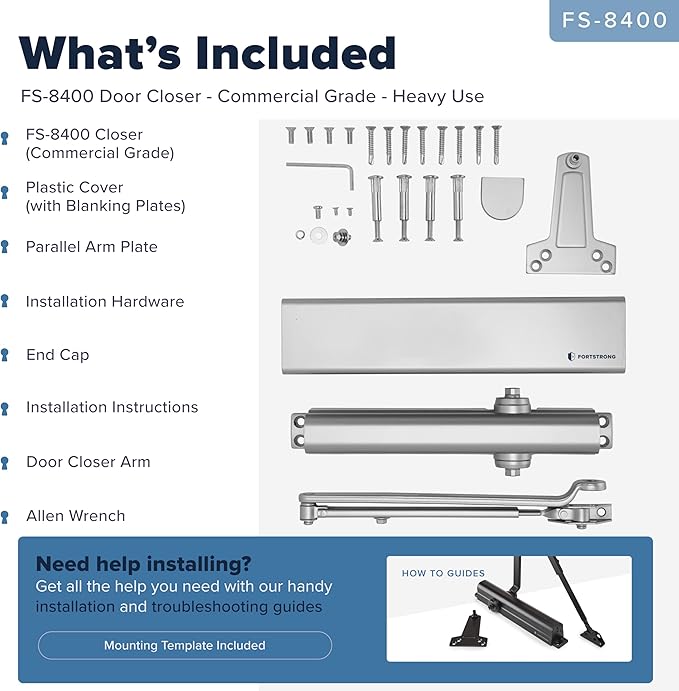 Commercial Door Closer FH-8400 Heavy Duty Adjustable Grade 1 Standard Automatic Door Closing Hinge - ADA Compliant UL & CUL UL10C Listed - Aluminium Finish - High Traffic (Silver)