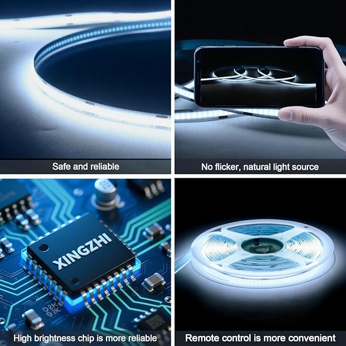 24V Dimmable COB LED Light Strip, 16.4FT White 6000K, High Brightness led Strip Lights, with RF Remote Control and UL Power Supply, Suitable for Bedroom, Kitchen, and DIY Home Decoration