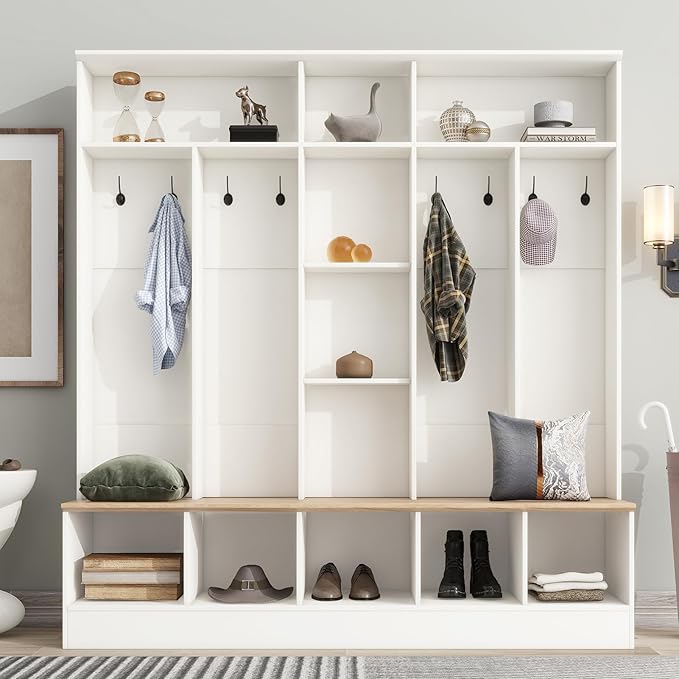 Modern Hall Tree with Coat Rack and Storage Bench, 4-in-1 Minimalist Hallway Coat Hanger Shoe Cabinet with Cube Storage & Shelves Multifunctional Entryway Bench with 8 Hooks for Mudroom, White