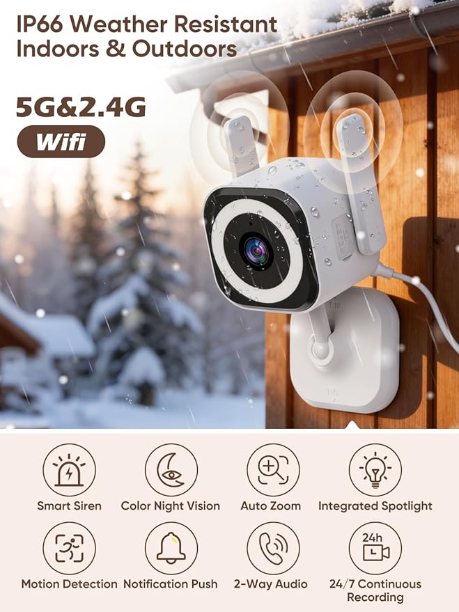 Dual-Antenna Stable 5G WiFi Cameras for Home Security,4X Zoom 2K Outdoor Indoor Security Camera,Baby/Pet Monitor wih Color Night Vision,Motion Detection,2-Way Talk,Siren,IP66,SD Card/Cloud