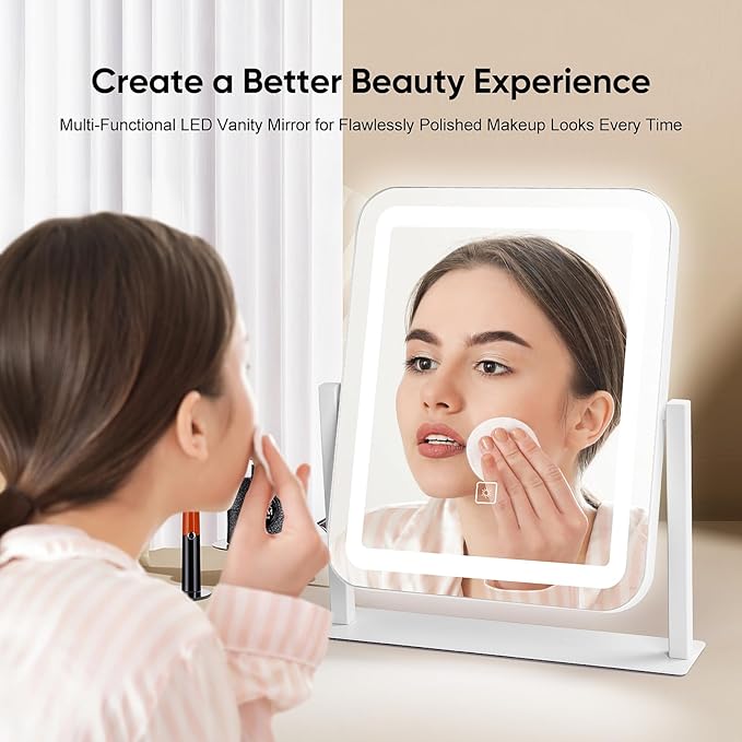 Vanity Mirror with Lights, 14.8x12.6 Inch White LED Makeup Mirror, 3-Color Dimmable LED Smart Touch Screen, 5X Magnification & 360° Rotation, Large Tabletop Makeup Mirror for Bedroom