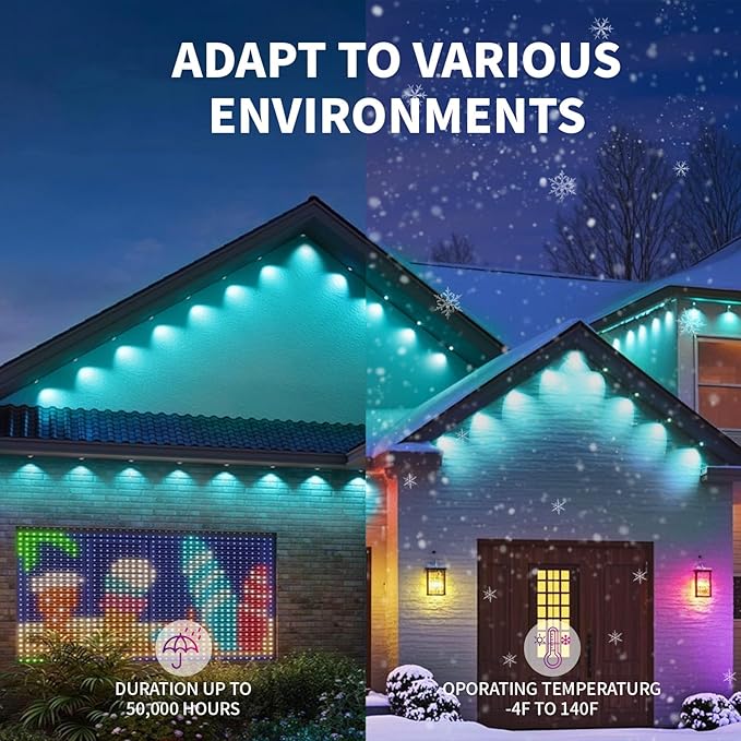 100FT Permanent Outdoor Lights, IP68 Waterproof Outdoor RGBW LED Eaves Lights 50LEDs with Smart App Control, Music Synchronization for Christmas Garden Party Holiday House Decorations
