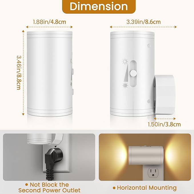4 Pack LED Plug-in Wall Night Light with Dimmable 0-300 Lumens, 2700K Warm White, Auto On/Off Light Sensor & Adjustable Head for Hallway, Stairs, Bedroom