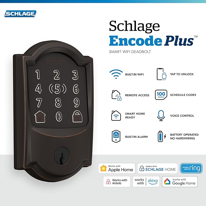 Schlage Encode Plus Smart Wi-Fi Lock for Front Door, Keyless Entry Deadbolt, Unlock with Apple Watch, Built-in WiFi and App Control, Easy Install, Alexa & Apple HomeKit Compatible, Aged Bronze