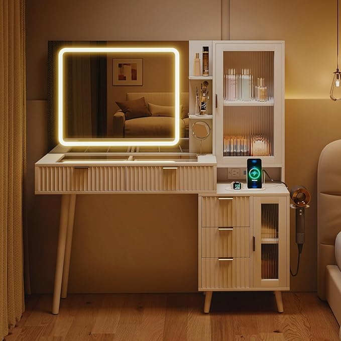 White Vanity Desk with Mirror and Lights, 49" Fluted Wood Makeup Vanity Table with Modern Glass Top, Charging Station, 5 Drawers, 2 Cabinet with Adjustable Shelves, Salon Station