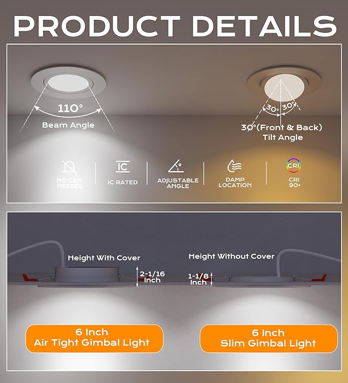 CLOUDY BAY 15W 6 inch 5 Color Swivel LED Gimbal Recessed Light with Junction Box, IC Rated Air Tight Flicker Free,120V CRI90+, 2700K/3000K/3500K/4000K/5000K Temperature Selectable,White, Pack of 4