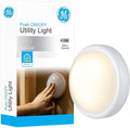GE Round Tap Light, Battery Operated, White, Push On/Off, Wireless, Portable and Convenient, Perfect for Under Cabinets, Closet, Attic, Nightstand, Nursery, Bathroom, Hallway, 54807, 7.75x 6.55x 2.4