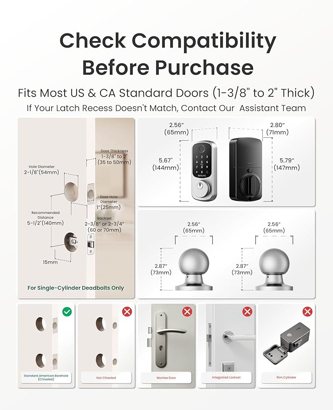 DESLOC B200 Fingerprint Smart Lock with 2 Knobs, Keyless Entry Front Door Lock Set, Electronic Keypad Deadbolt, App Control, Auto Lock, Long Battery Life,Silver