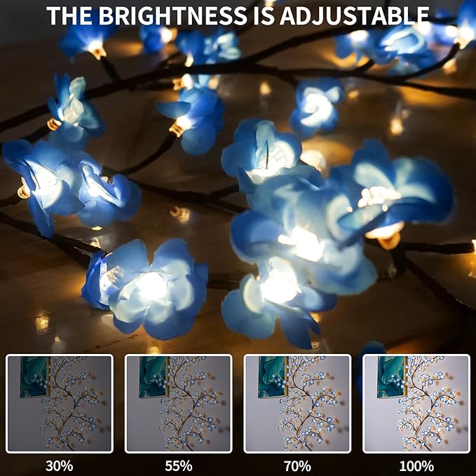 Cherry Enchanted Willow Vine Lights, 7.55FT 144LED Blue Cherry Blossom Tree Branch Lights for Wall, Remote Timer,8 Light Model,Bedroom Wall Doors Wedding, Christmas, USB Battery Box