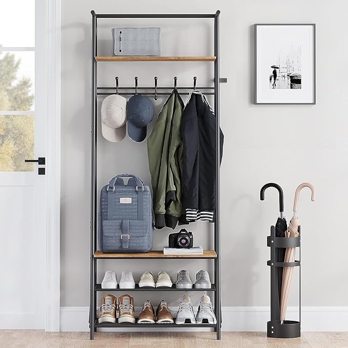 Coat Rack Shoe Bench with 5 Hooks, Entryway Hall Trees with Storage, Multifunctional Hallway Organizer, Wood Look Accent Furniture with Metal Frame, 4-in-1 Hall Trees Shoe Bench (1 Row-5 Hooks)