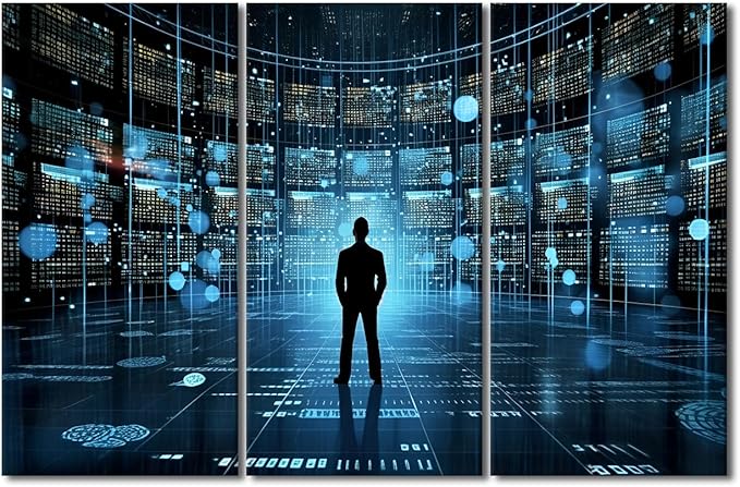 3 Panels Canvas Wall Decor Modern Art Cyber Security and Data Protection Concept Picture Poster for Bedroom Living Room Wall Decorations, Framed Wall Artwork Ready to Hang, 42" Wx28 H