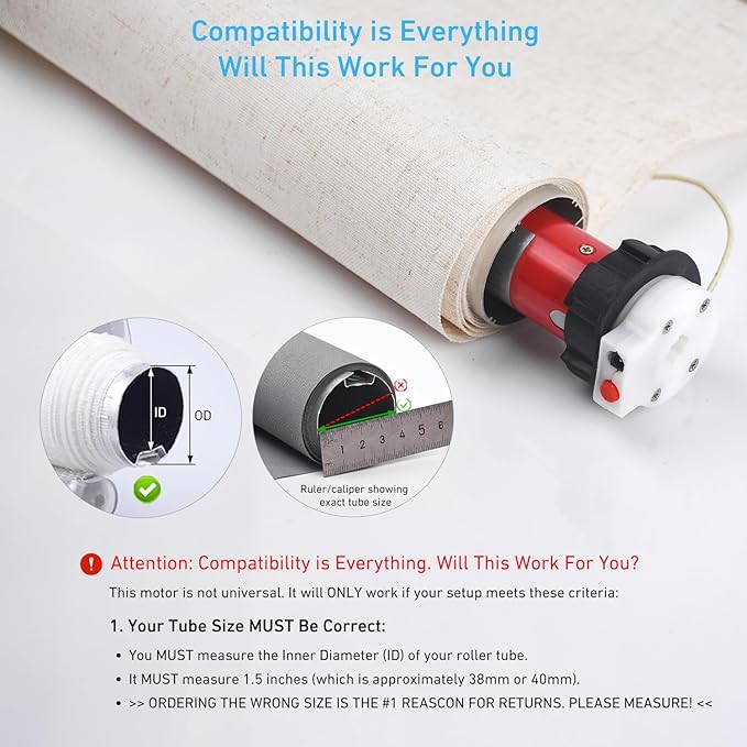 Rollerhouse ERB25 Battery Roller Shade Motor for DIY Electric Roller Blind/Shade Tubular Motor for 1.5 inch/38/40mm Tube