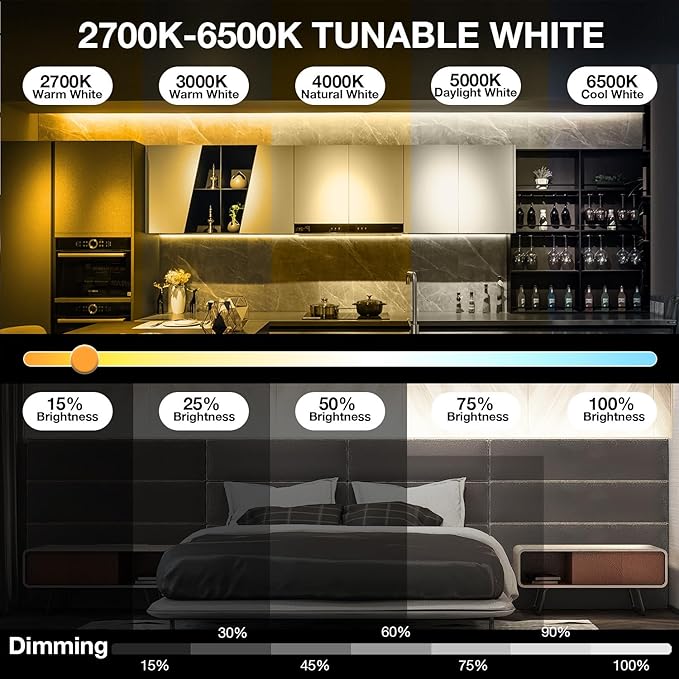 DAYBETTER COB LED Strip Light Tunable White, 32.8ft/10m 6080LEDs White LED Light Strips with Remote, 2700K-6500K Dimmable LED Tape Light, COB LED Lights for Bedroom Kitchen Under Cabinet DIY Lighting
