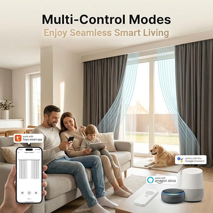 Pre-Assembled Telescopic Smart Curtain Track, No Splicing/Cutting, AC Plug-in WiFi Motor (No Hub Required), Ceiling/Wall Mount, Tuya/Remote Control, Works with Alexa & Google Assistant (71"-118")