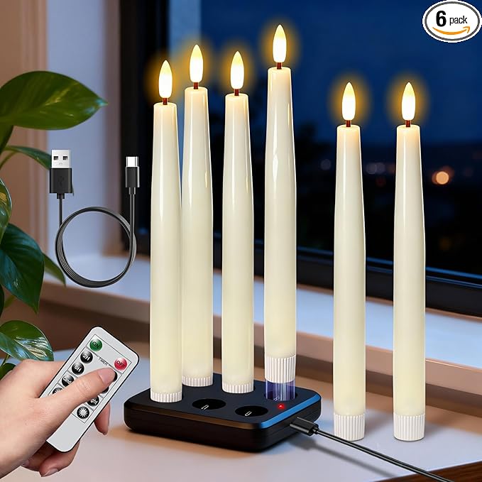 Wondise Rechargeable Flameless Taper Candles, Battery Operated Candles with Remote&Timer, Real Wax LED Candlesticks 3D Wick Flickering for Home Wedding Christmas Decor