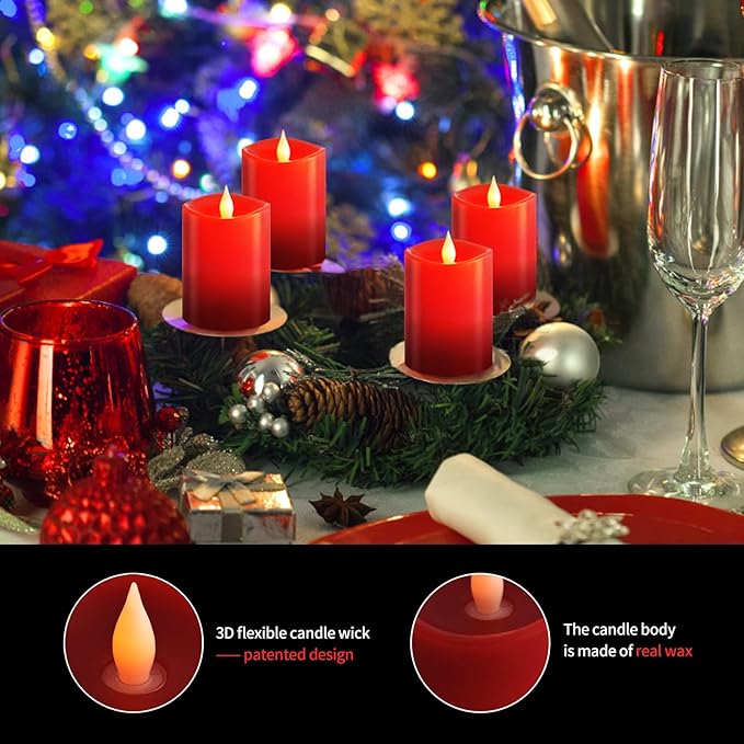 3″x4″ Flickering Flameless Candles Set of 2, 2AA Battery Life 600 Hours Battery Candles Flickering with Timer,4 inch Flameless Candles with Remote for Indoor/Outdoor, Red