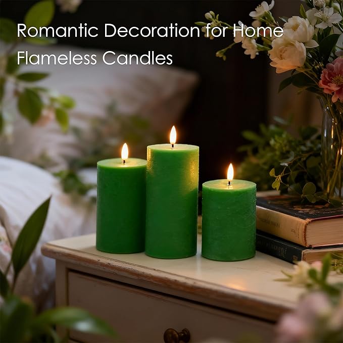 LUSHABOR Green Flameless Candles, Battery Operated Candles for St. Patrick’s Day, Real Wax LED Fake Candles for Spring Decor Party Centerpiece Green Set of 3
