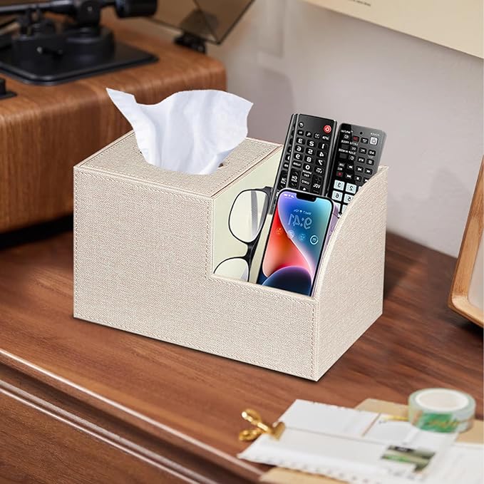 PU Leather Square Tissue Box Cover - Multi-Functional Tissue Box Holder, Tissue Box Cover with Storage,Tissue and Remote Control Holder, Cube Tissue Box Organizer Bedroom Nightstand End Table