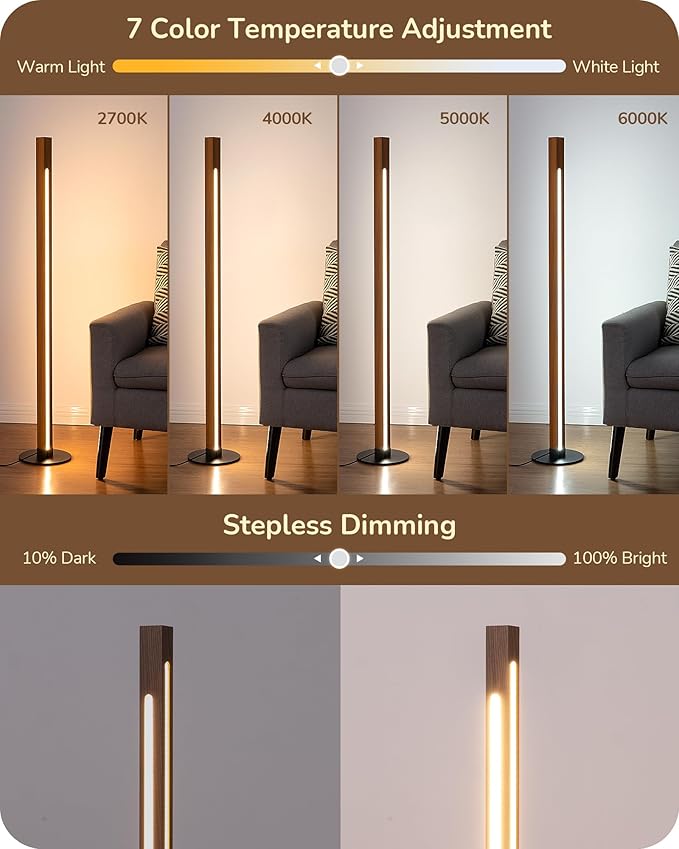 EDISHINE Wooden Floor Lamp, Upgraded Dual-Sided Lighting, Minimalist Floor Lamps for Living Room, Corner Lamp with Remote/Foot Control, 7CCT & Dimmable Floor Lamp for Bedroom, Office, Walnut Wood