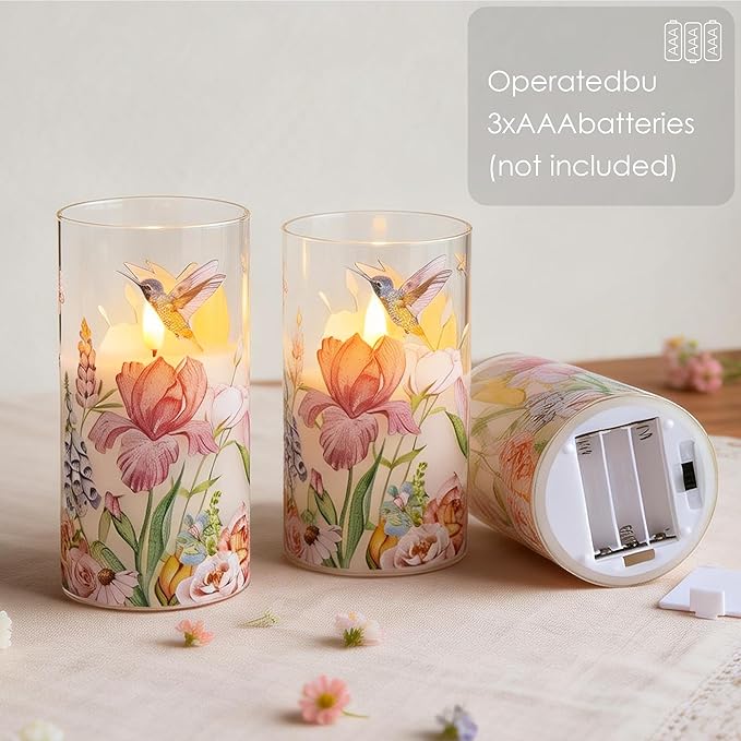 Flameless Candles with Remote, Battery Operated Glass Candles Hummingbird Flickering LED Electric Pillar Candles Real Wax Floral Christmas Decor Set of 3