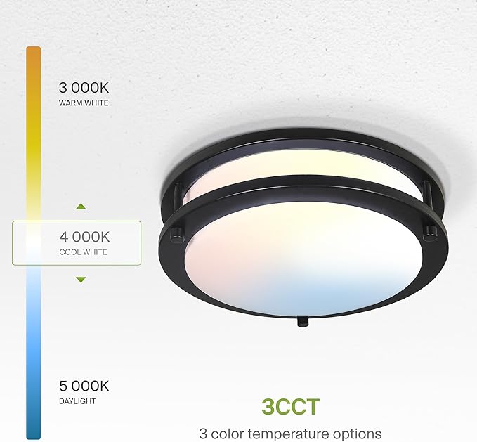 ASD LED 10" Round Flush Mount Lighting, Close to Ceiling Light Fixture | 3CCT, Dimmable, Energy Star, ETL Listed | 16W 1041LM 3000K-5000K 120V | Low Profile Double Ring Lamp | Black