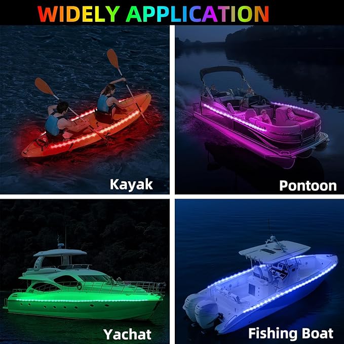 Battery Operated Marine Submersible Boat Lights Strip, 2 Pcs 8FT 9V IP68 RGB Golf Cart Canopy Roof Underglow Lights, Kayak Paddleboard Light, Boat Interior Deck Courtesy Light