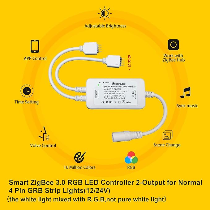 GIDEALED 2 Pack Smart ZigBee 3.0 LED Controller 2-Output for 4 Pin RGB StripLights Dimmable Compatible with Hub Bridge,Amazon Echo Plus,Echo Show(2Gen) App/Alexa Voice Control Ambiance Lighting