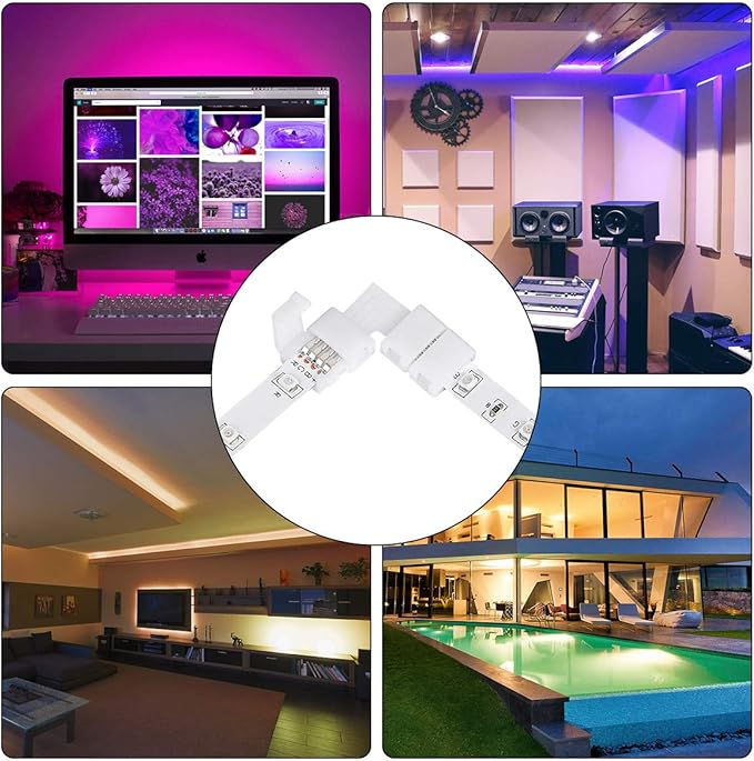 SUPERNIGHT 3528 2835 4 Pin 8mm LED Strip Connector, RGB Rope Lights Connector Kit, Gapless Solderless Clip, 32.8ft Extension Wire Cable, L Shape PCB (for 8mm Width Strip)