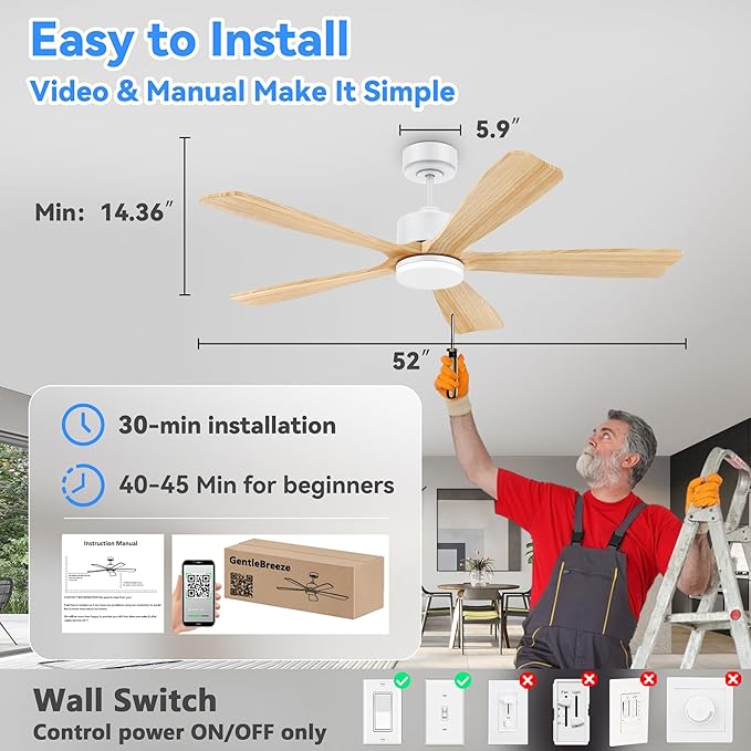 52 Inch Smart Ceiling Fan with Lights, Alexa/Google Voice Control, Quiet DC Motor, 6-Speed, Solid Wood Blades, Dimmable LED, 1-12H Timer, App & Remote Control, Modern Ceiling Fan for Bedroom, Patio