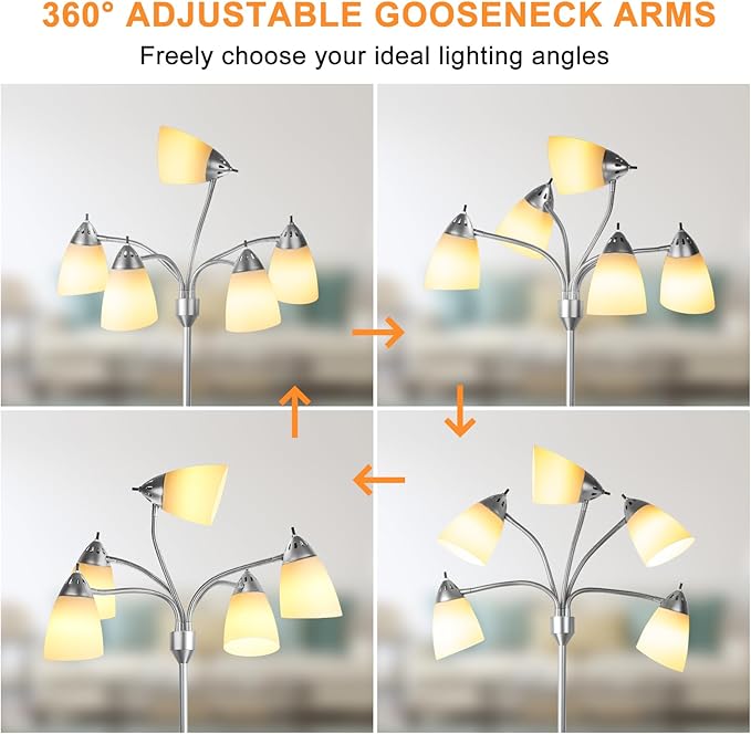 DINGLILIGHTING Floor Lamp Tall for Room: Flexible Gooseneck Floor Lamps Standing for Bedroom Home Office - Modern Floor Lights Silver 5-Light