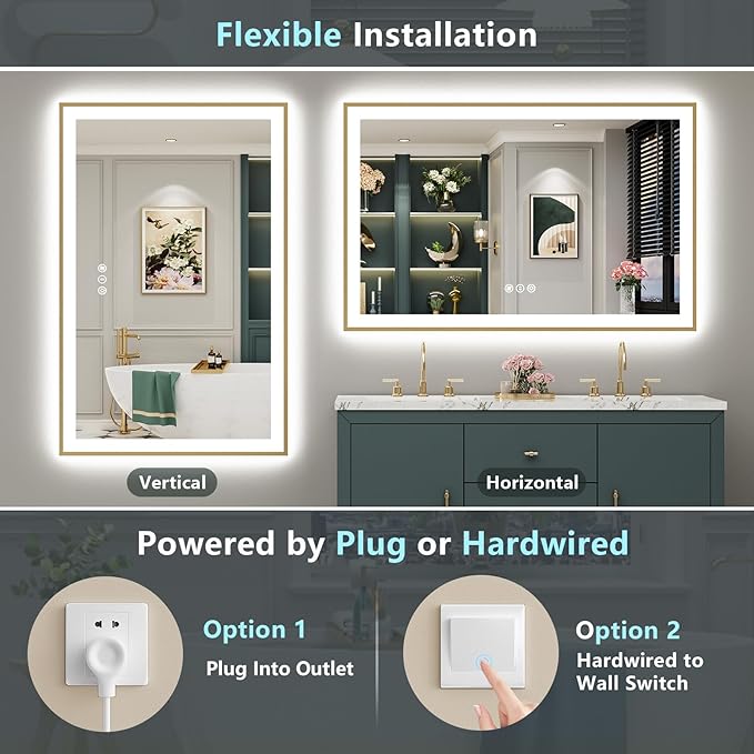 55x40 Gold LED Bathroom Mirror with Lights, Brushed Gold Framed Backlit and Front Lit Anti-Fog Lighted Vanity Mirrors for Bathroom Wall, Dimmable, 3 Colors, Memory, HD Tempered Glass, CRI＞90