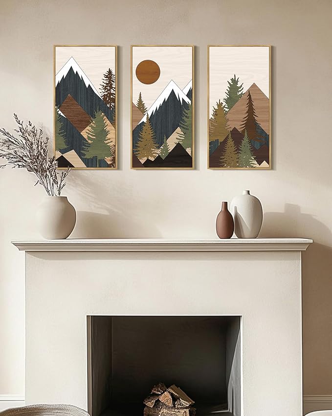 KUVIOKE Large 12x24in Wooden Mountains Range Landscape Wall Art Framed Tree Nature Wall Decor Farmhouse Rustic Prints Kitchen Living Room Ready to Hang Natural Framed