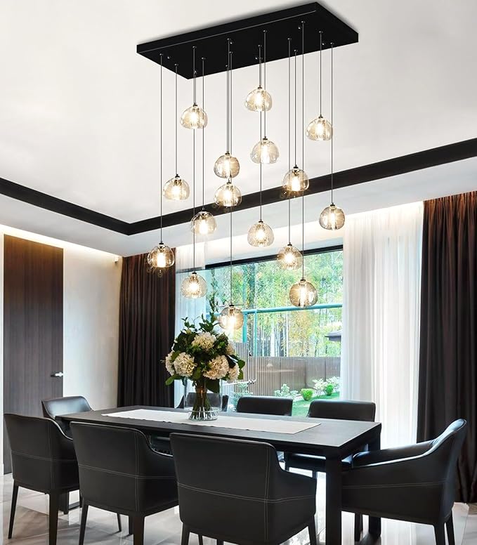 W27.6 x D11.8 x H118 Rectangular Glam Chandelier Bubble Crystal Ceiling Pendant Lights Dimmable High Ceiling Chandeliers Fixtures Adjustable Long Lights Black