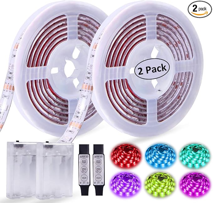Battery Operated LED Strip Lights RGB Battery Powered Led Strip Lights 3 Keys Controller 13.2FT/4M Color Changing Flexible Light for PC TV Mirror Kitchen Cabinet Shelves, Room Decor 2Pcs