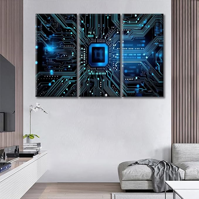 3 Piece Blue Circuit Board High-Tech Technology Wall Pictures for Living Room Circuit Board Pictures Painting on Canvas Wall Decor Art Bedroom Wall Art Modern Artwork Framed Ready to Hang 60"Wx40"H