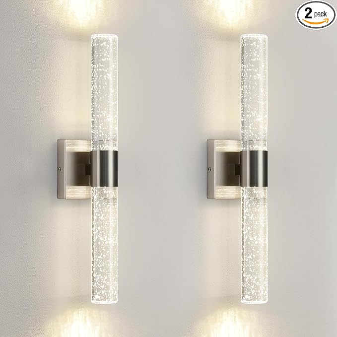 Modern LED Wall Sconces Set of Two - 4000K Dimmable Crystal Bathroom Sconces Wall Lighting Indoor Brushed Nickel Vanity Light Fixture Wall Mount Wall Lights for Bedroom Living Room,18 Inch