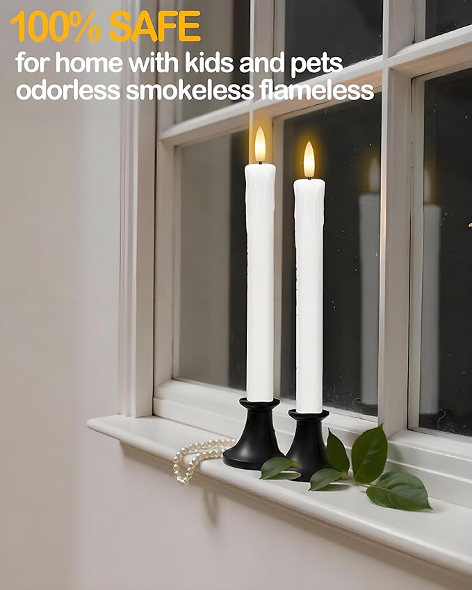 9.6" Flickering Flameless Taper Candles with Remote Timer, White LED CandleSticks, Box of 6 Long Battery Operated Candles for Window, Table, and Mantel Decor