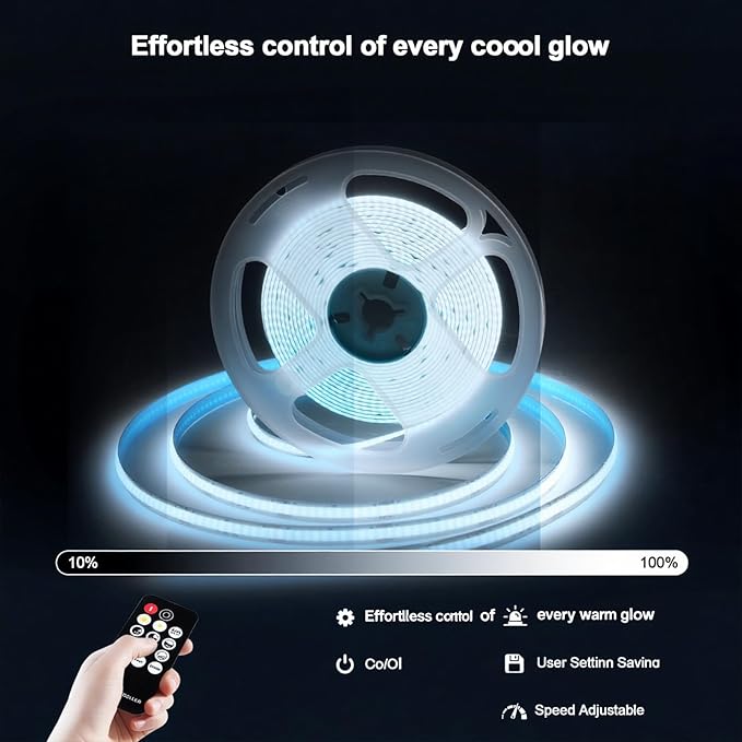 24V Dimmable COB LED Light Strip, 16.4FT White 6000K, High Brightness led Strip Lights, with RF Remote Control and UL Power Supply, Suitable for Bedroom, Kitchen, and DIY Home Decoration