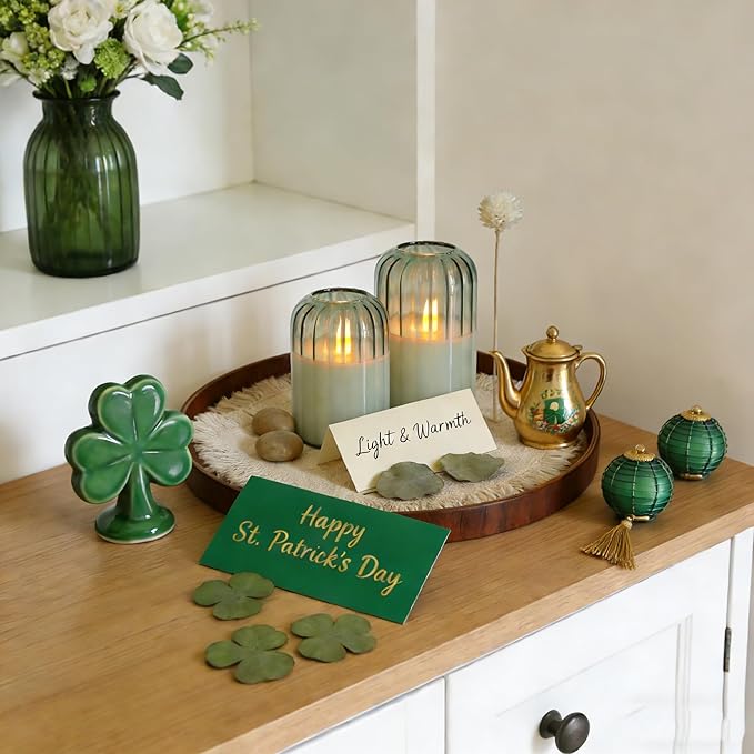 Green Flameless Battery Operated Candles with Remote, Set of 5 Glass Jar LED Candles with Dancing Flame, Flickering Electric Candlelight for Home Wedding Party Decor H4”5”5”6" 6”