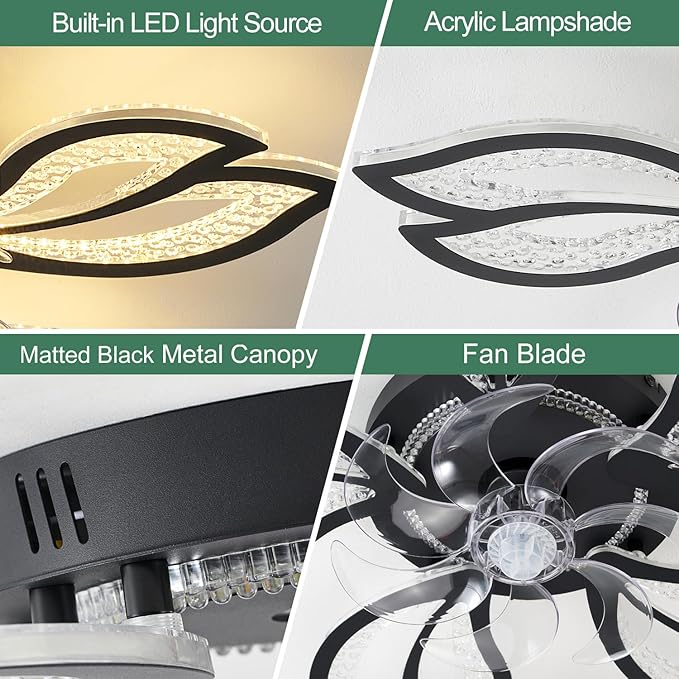 Geometric Ceiling Fan with Light, Black, 26', 3000K-6000K, Remote Control, Low Profile, for Bedroom
