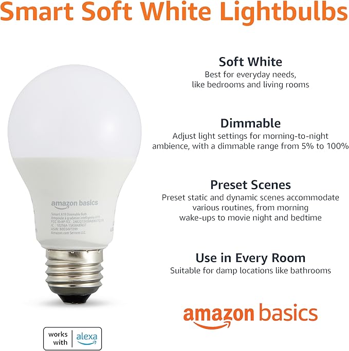 Amazon Basics Smart A19 LED Light Bulb, Dimmable Soft White (2700K), 9W (60W Equivalent), 800LM, Works with Alexa Only, Energy Efficient, 2.4 GHz Wi-Fi, No Hub Required, 1-Pack