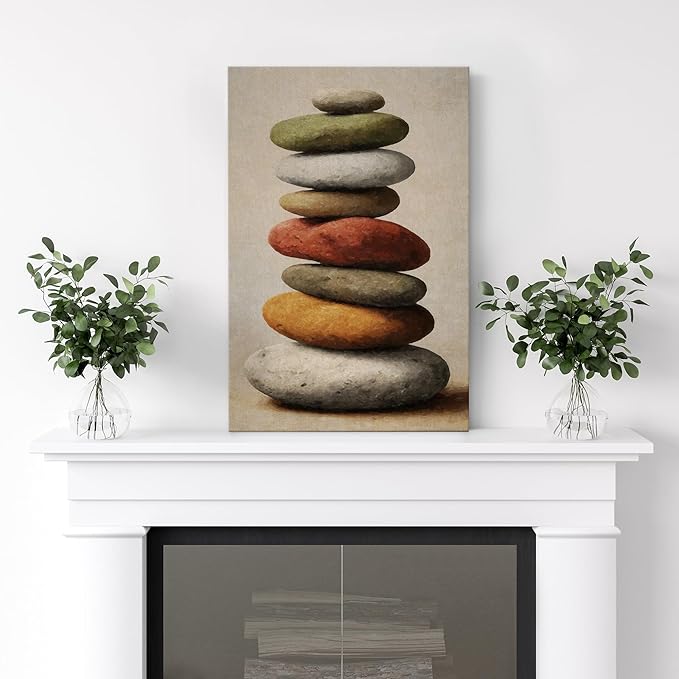 wall26 Canvas Print Wall Art Stacked Zen Stones in Rain Tranquil Nature Photography Realism Rustic Colorful Multicolor for Living Room, Bedroom, Bathroom - 12"x18"