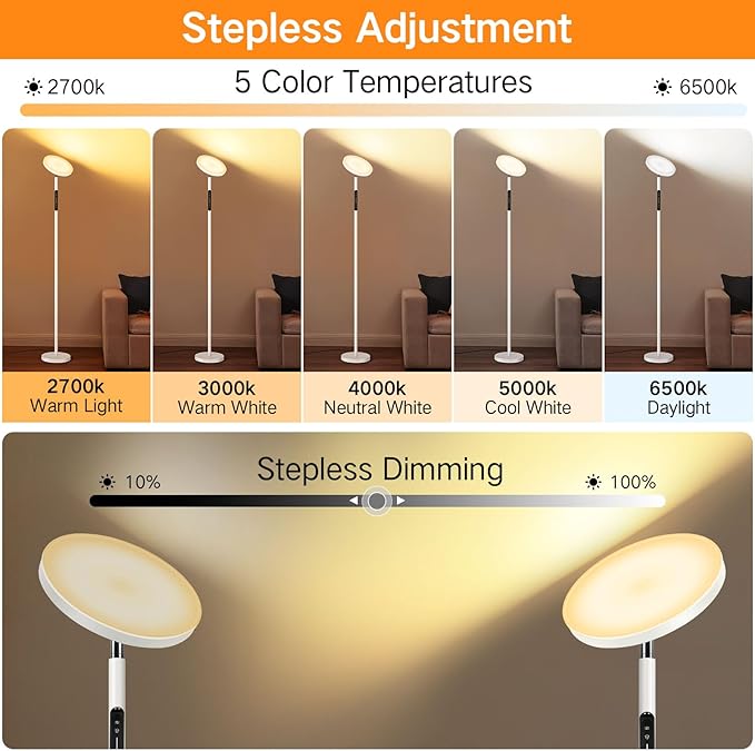 OUTON Smart RGB Floor Lamp, 36W LED Modern Torchiere Sky Lamp, Stepless Dimmable Standing Tall Lamp with APP, Remote and Touch Control, LED Lamps for Living Room, Bedroom, Gaming Room, Matte White